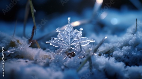 snowflake ice crystals snow falling on frozen ground and plants on a cold winter night Nature background.