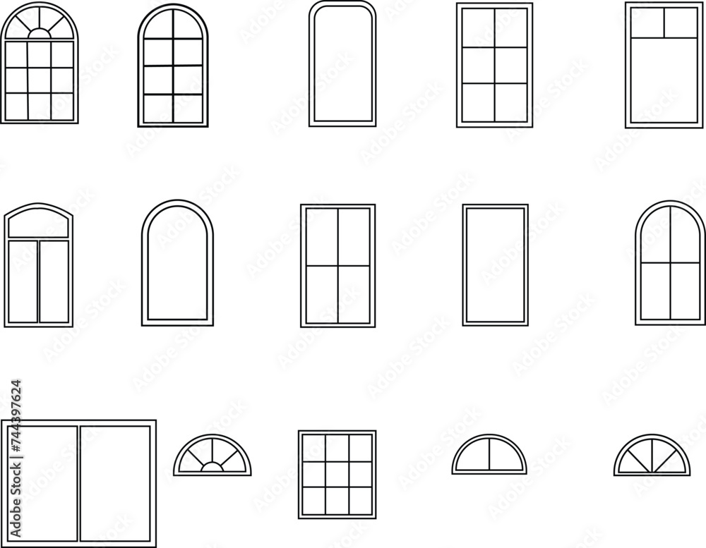 
Icons set of windows different types. Pictogram collection in thin linear style. Classic architecture elements. Simple design. Vectors illustration in black color isolated on white background
