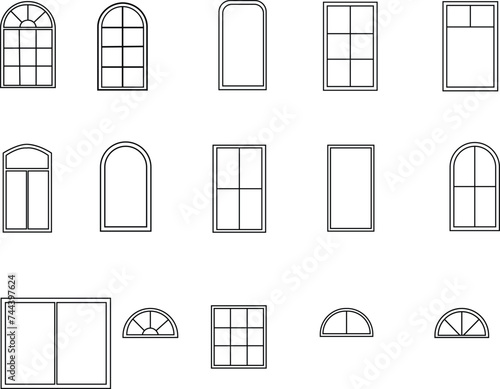  Icons set of windows different types. Pictogram collection in thin linear style. Classic architecture elements. Simple design. Vectors illustration in black color isolated on white background 