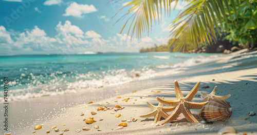 Vacation Beach Concept With Palm Tree Leaves, Starfish, And Waves With Copy Space