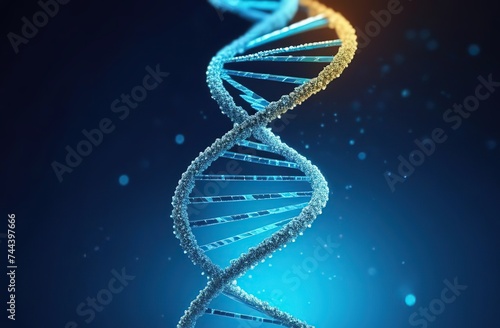 Polygonal DNA concept, digital sequence, code structure with glow on blue background. Nanotechnology science concept and background.