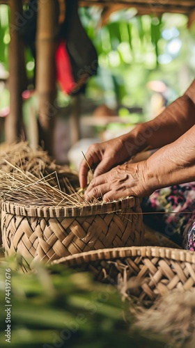 a woman is weaving a basket with straw