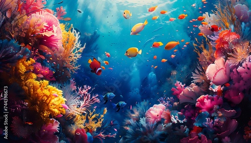 "Colorful fish among vibrant corals in underwater scene."