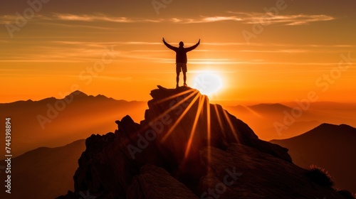 Photographer Silhouette of the man success on the peak of mountain,Sport and active life sunset landscape
