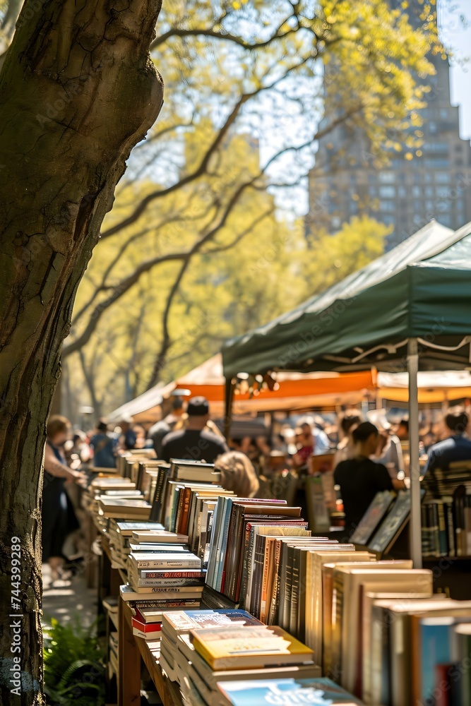 a row of books on a table under a tree