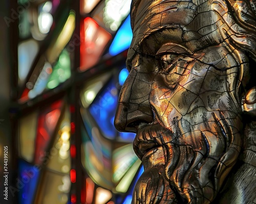 The vibrant colors of stained glass windows illuminating the face of a statue adding depth and emotion