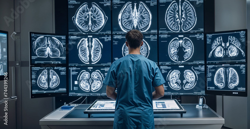 A doctor in scrubs stands in front of a wall of computer screens displaying brain scans photo