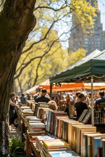 a row of books on a table under a tree © KWY