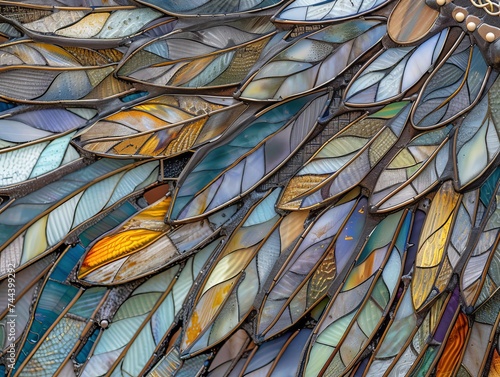 The intricate detail of an angels feathered wings each feather a different shade in a stained glass art piece