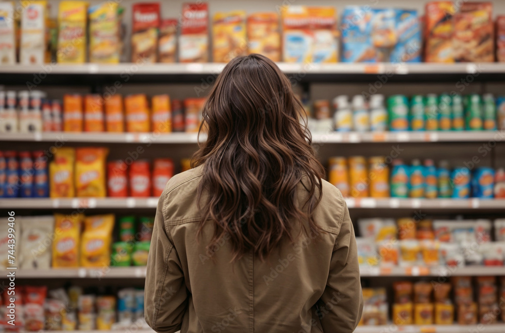 A woman shops for groceries and food products in a supermarket, captured in a photo from behind her