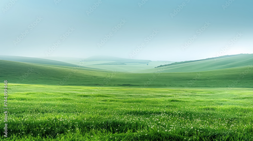 A serene landscape of rolling hills, accented with gentle morning mist