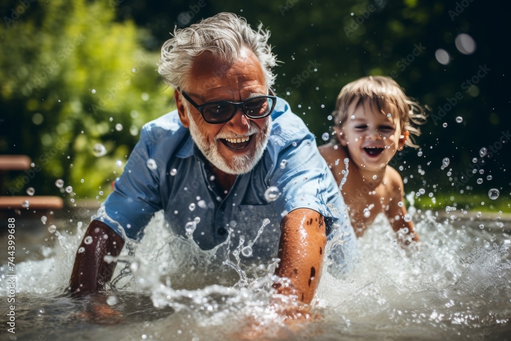 Obraz premium Joyful multi-generational family swimming and having fun in backyard pool during summer holiday
