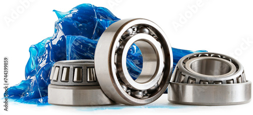 Schilderij op canvas Grease and ball bearing, Blue premium quality synthetic lithium complex grease, high temperatures and machinery lubrication for automotive and industrial
