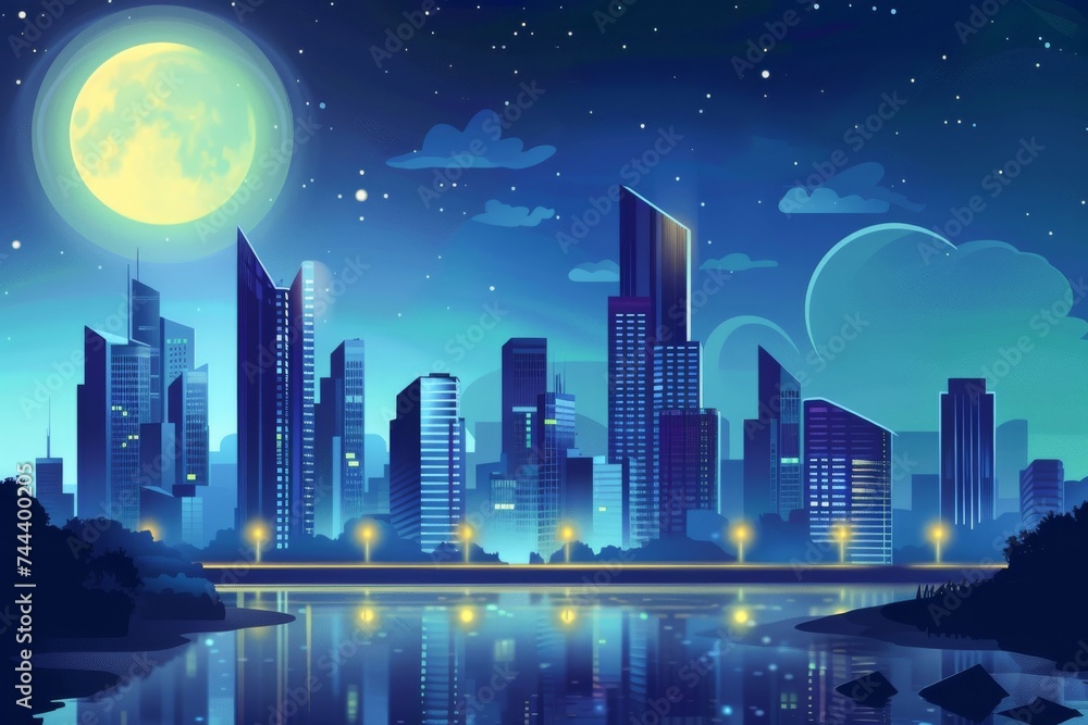 A night scene with a futuristic city of skyscrapers shining under the moonlight