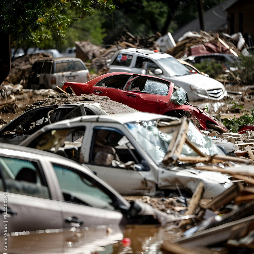 Obraz premium cars lay in debris after flood disaster
