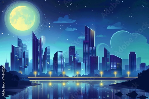 A night scene with a futuristic city of skyscrapers shining under the moonlight