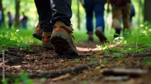 shoes of people trekking in wood and walking in row