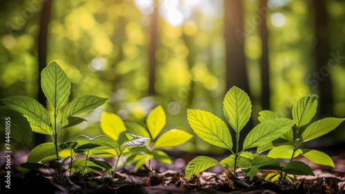 A serene image of young plants growing in the sunlight piercing through a tranquil green forest, representing growth and new life.
