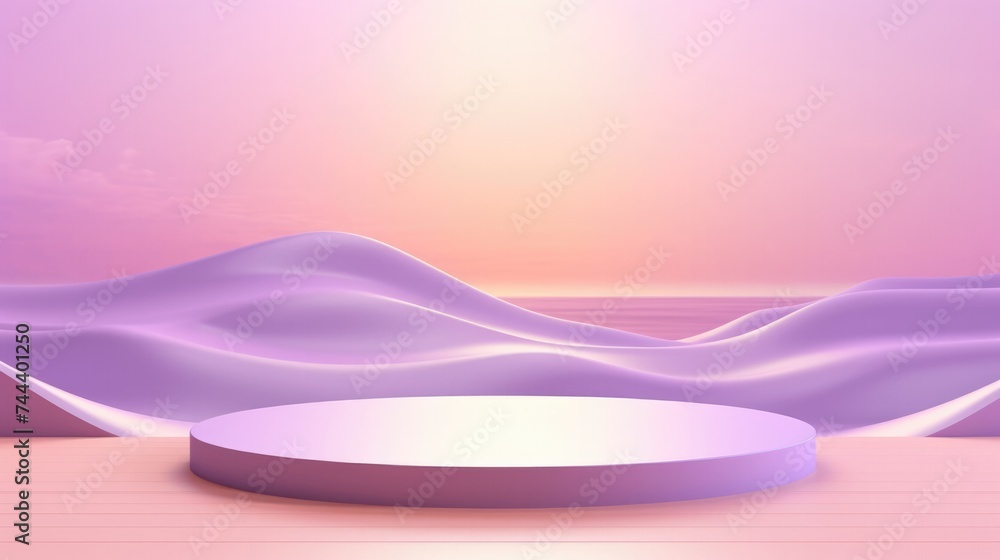 A serene purple gradient background with fluid wave forms and a central display stand. A serene purple gradient background with fluid wave forms and a central display stand.