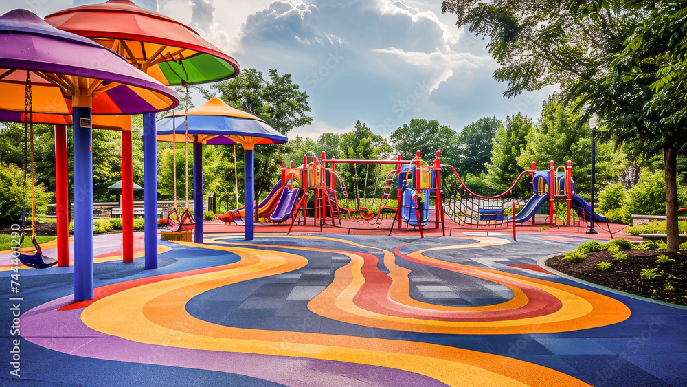 Bright and colorful children's playground with slides, swings, and play structures on a vibrant rubber surface on a sunny day. Bright and colorful children's playground with slides, swings, and play structures on a vibrant rubber surface on a sunny day.