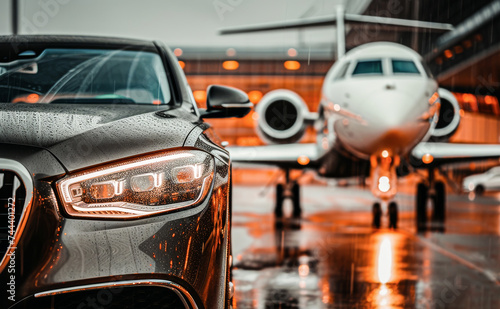 Luxury car parked at an airport with a jet in the background on a rainy evening, symbolizing upscale travel and transportation. © apratim