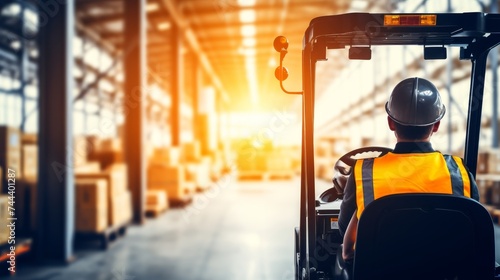 Warehouse worker driving forklift, preparing products for shipment, checking stock