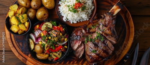 Delicious plate of roasted meat, crispy potatoes, and fresh vegetables on a rustic wooden table