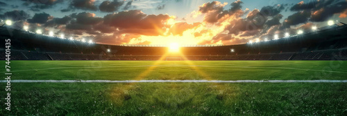 a soccer stadium at sunset,