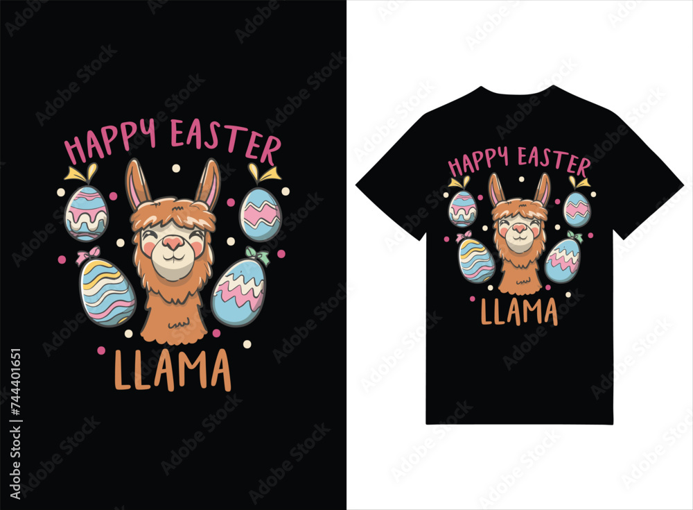 Happy Easter. Llama alpaca face Cute cartoon animals T-shirt design.
