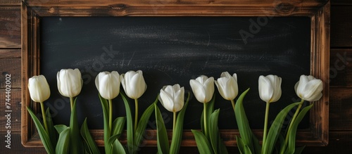 Vintage style chalkboard with a beautiful display of white tulips, perfect for rustic decor