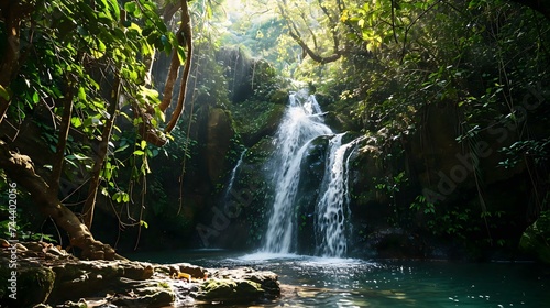 a large waterfall in the middle of a forest