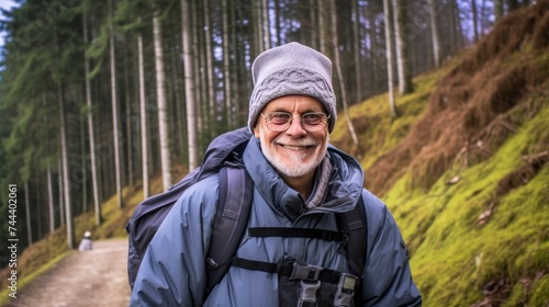 man and hiking in forest, exercise and fitness for wellness, healthy lifestyle and smile.