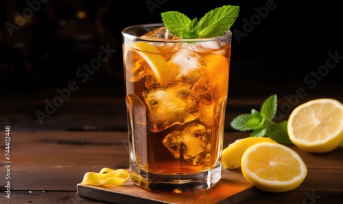 Refreshing Glass of Iced Tea With Lemons and Mint