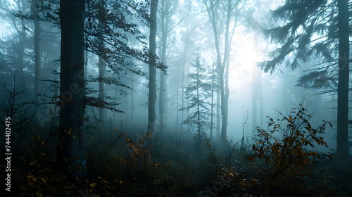 a foggy forest filled with lots of trees © KWY