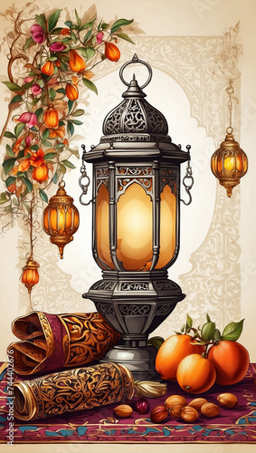 Happy eid mubarak, Happy Iftar, Happy Fasting, Arabic lantern, dates, food, arabic ornamental background