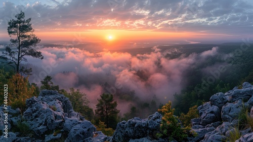 Amazing Sunrise Over Misty Landscape. Scenic View Of Foggy Morning Sky With Rising Sun Above Misty Forest.