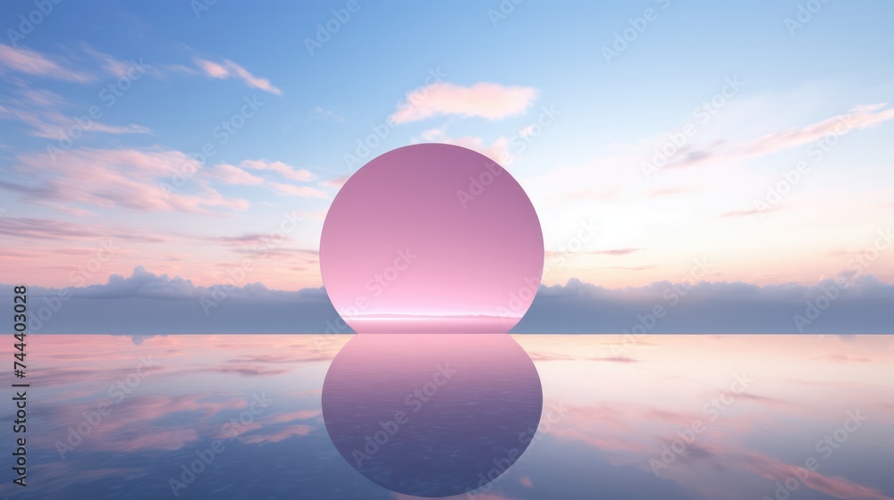 A pink sphere reflects on tranquil water against a serene sunset, evoking calm and creativity.