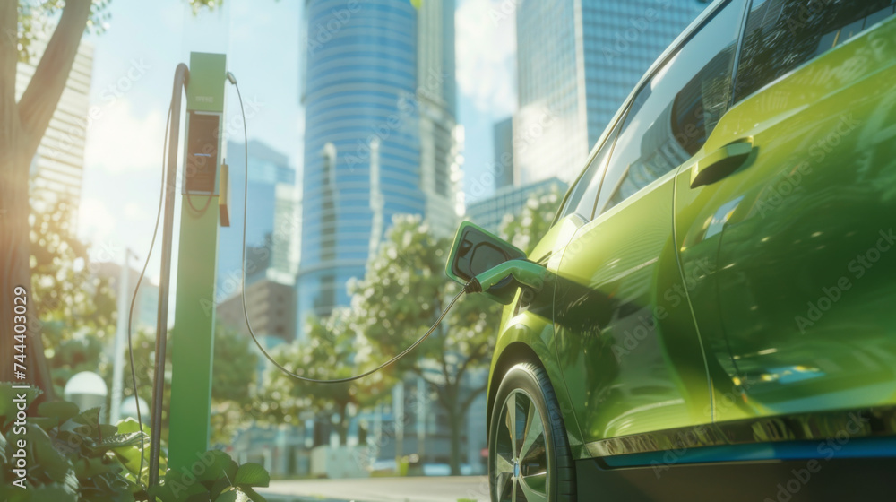 Fototapeta premium Close up of green modern electric car’s charging port in urban city road with skyscraper in background. Future, green and renewable battery energy concept
