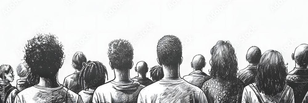 A monochrome illustration depicting a diverse group of individuals from behind, in a crowded setting, rendered in a sketch style with black and white shading. - obrazy, fototapety, plakaty 