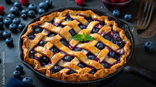 Pi Day special homemade blueberry pie baked in a skillet, celebrating Lunar New Year with traditional lantern decorations, illuminating a festive gathering, Generative Ai.

 photo