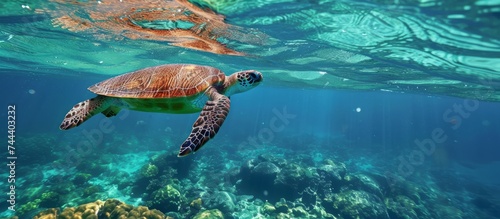A majestic turtle swimming gracefully in the crystal clear ocean with a distant person enjoying the view