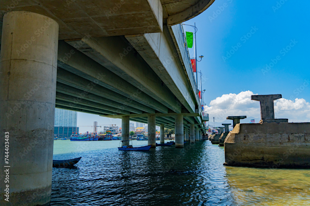 The city bridge over the river.
The Kai River in Nha Trang in Vietnam. The urban landscape.