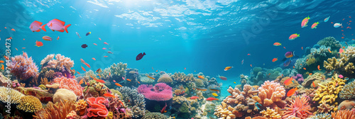  underwater coral area with fish swimming around it, underwater blue sea photo
