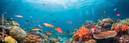  underwater coral area with fish swimming around it, underwater blue sea © Planetz