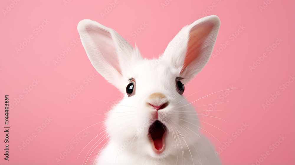 A white rabbit with a pink background,White fluffy bunny on a pink background generative ai