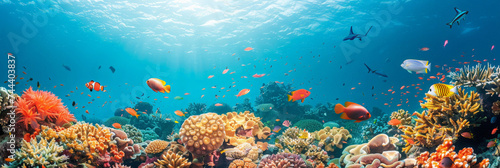  underwater coral area with fish swimming around it, underwater blue sea © Planetz