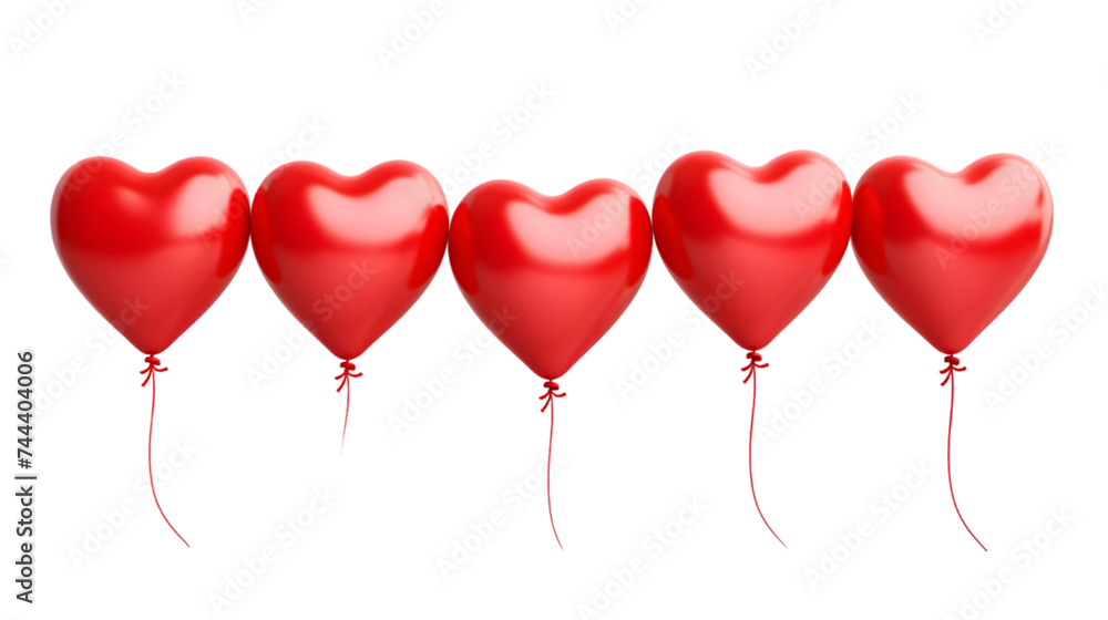 Red hearts like balloons on white or transparent background. Png