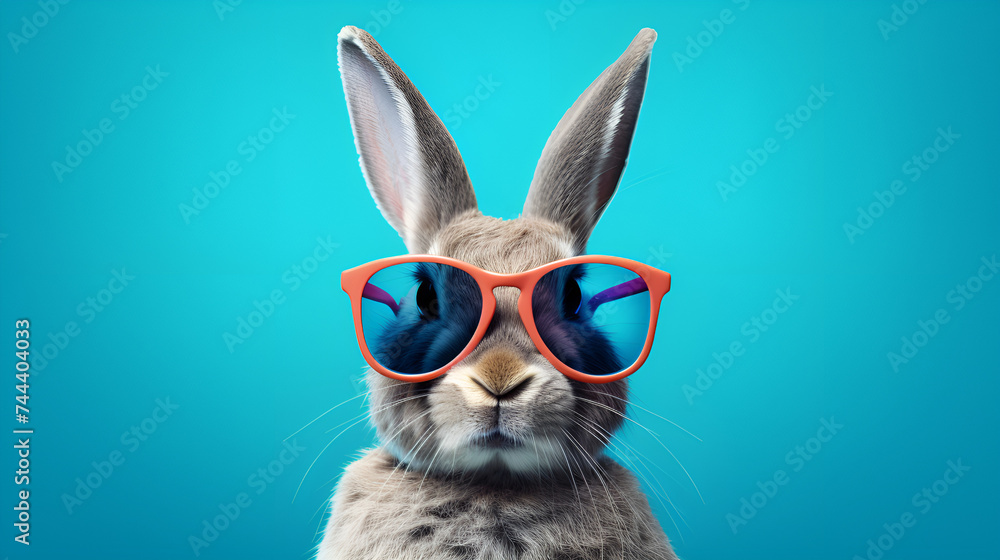 easter bunny with a painted face,A rabbit wearing sunglasses and a colorful background,Cool rabbit in sunglasses. Illustration AI Generative