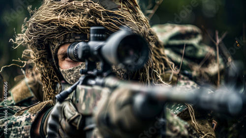 A camouflaged sniper lying in the field aiming through his scope
 photo