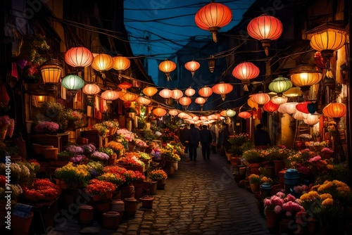 A flower market in an alley at night with pretty lanterns